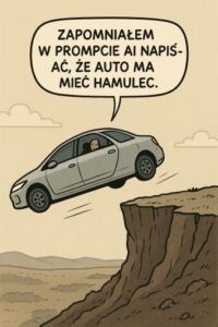 Satyryczny komiks: samochód spada z urwiska, a kierowca mówi: „Zapomniałem w prompcie AI napisać, że auto ma mieć hamulec”.